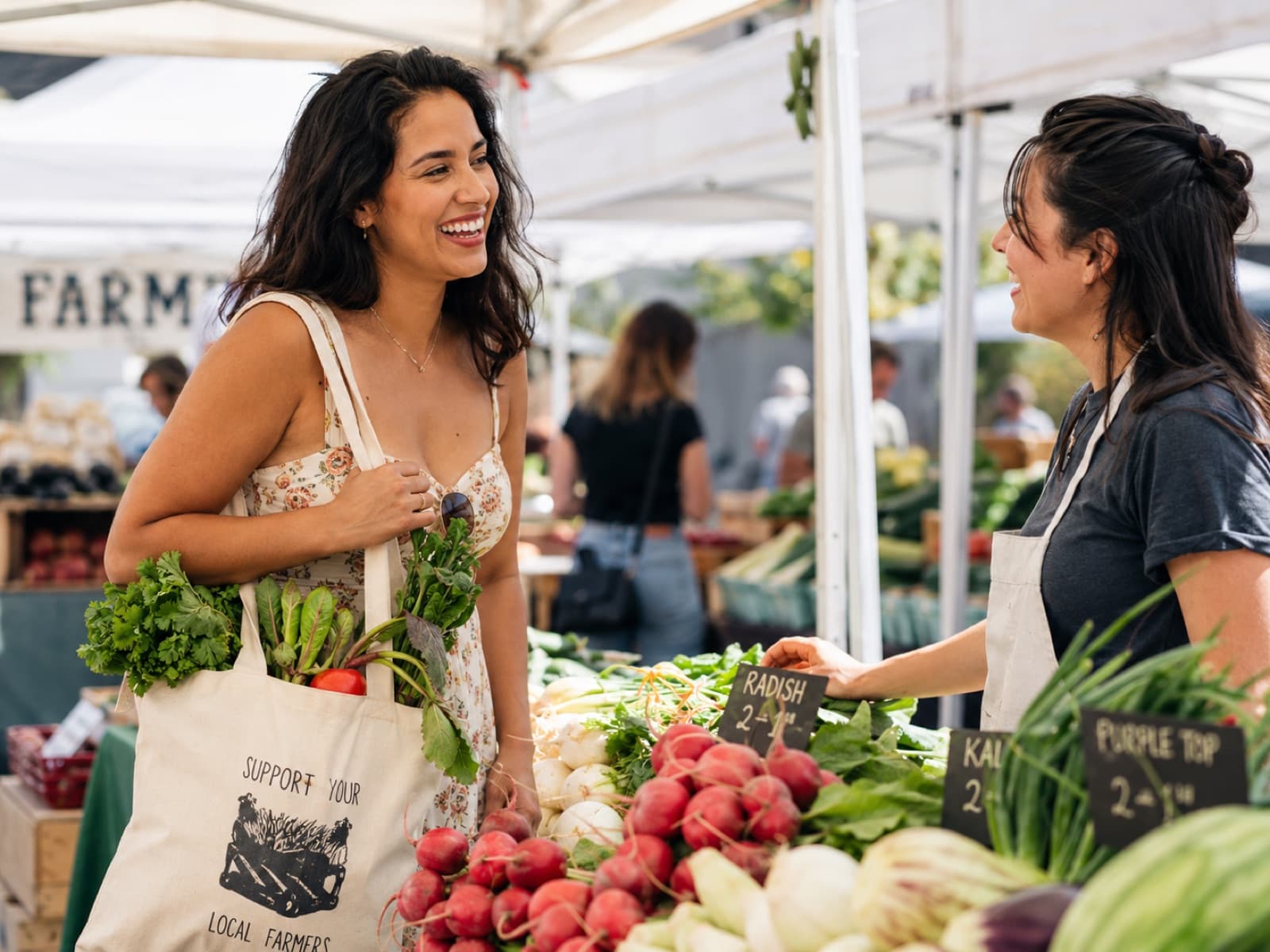 A shopper and a market vendor sharing a warm laugh over fresh produce at an outdoor farmers market.