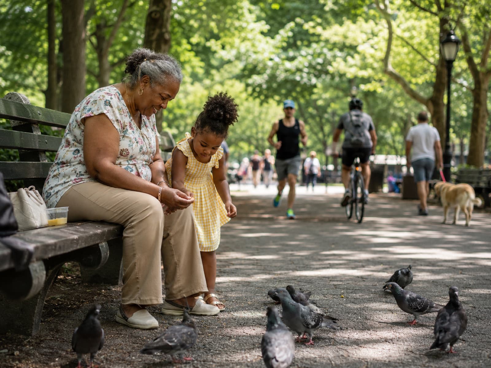 A grandmother and her young granddaughter feeding birds together on a shady park path.