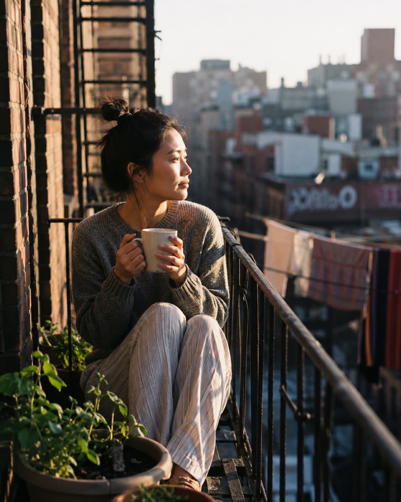 A young woman wrapped in a sweater enjoying a quiet morning coffee on her city balcony as the neighborhood wakes up.
