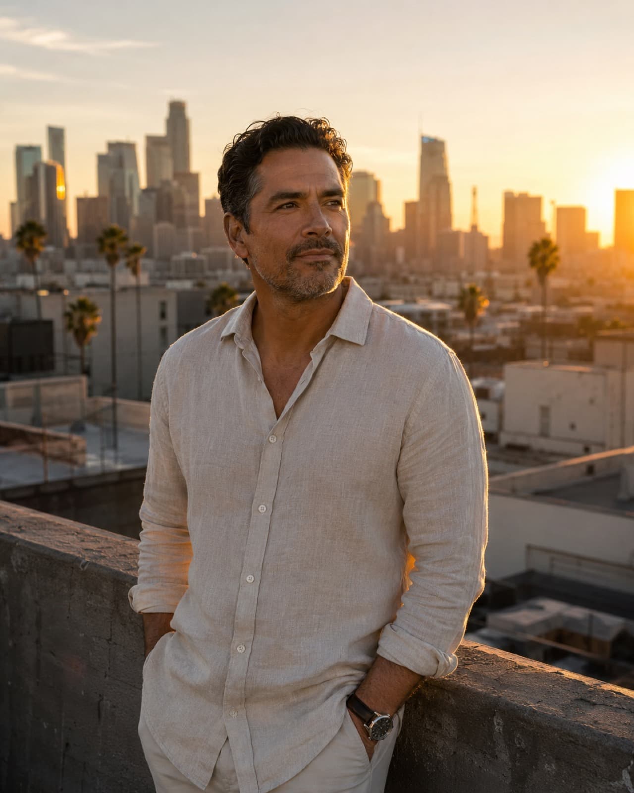 A man in a linen shirt standing on a rooftop at sunset, a city skyline glowing behind him.
