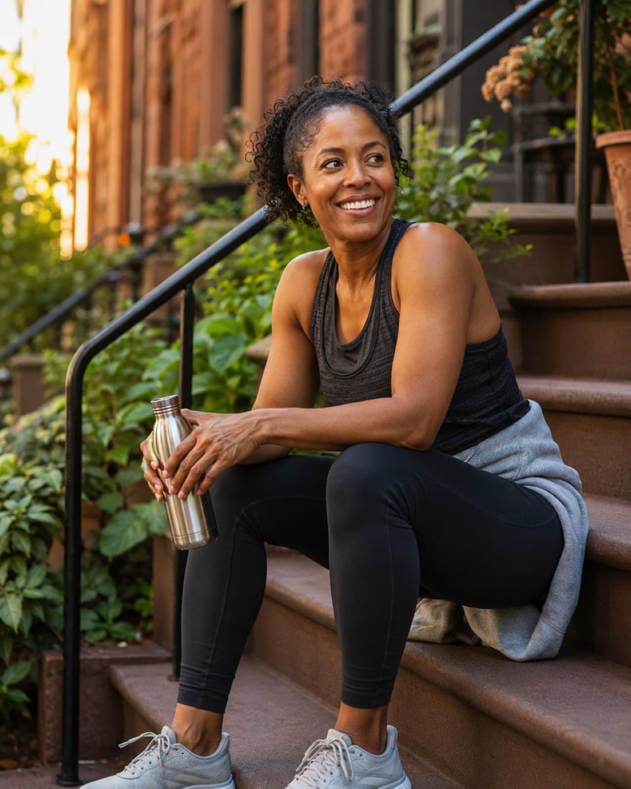 A woman resting on brownstone steps after a workout, holding a water bottle in the warm evening light.